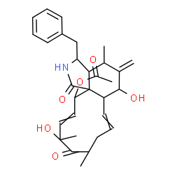 ChemSpider 2D Image | 3-Benzyl-6,12-dihydroxy-4,10,12-trimethyl-5-methylene-1,11-dioxo-2,3,3a,4,5,6,6a,9,10,11,12,15-dodecahydro-1H-cycloundeca[d]isoindol-15-yl acetate | C30H37NO6