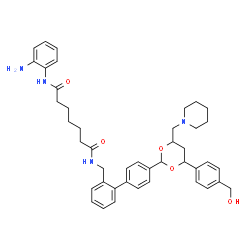 ChemSpider 2D Image | N-(2-Aminophenyl)-N'-[(4'-{4-[4-(hydroxymethyl)phenyl]-6-(1-piperidinylmethyl)-1,3-dioxan-2-yl}-2-biphenylyl)methyl]heptanediamide | C43H52N4O5