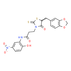 ChemSpider 2D Image | 3-[5-(1,3-Benzodioxol-5-ylmethylene)-4-oxo-2-thioxo-1,3-thiazolidin-3-yl]-N-(2-hydroxy-5-nitrophenyl)propanamide | C20H15N3O7S2