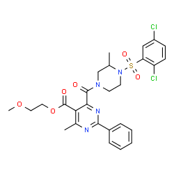 ChemSpider 2D Image | 2-Methoxyethyl 4-({4-[(2,5-dichlorophenyl)sulfonyl]-3-methyl-1-piperazinyl}carbonyl)-6-methyl-2-phenyl-5-pyrimidinecarboxylate | C27H28Cl2N4O6S
