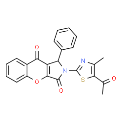 ChemSpider 2D Image | 2-(5-Acetyl-4-methyl-1,3-thiazol-2-yl)-1-phenyl-1,2-dihydrochromeno[2,3-c]pyrrole-3,9-dione | C23H16N2O4S