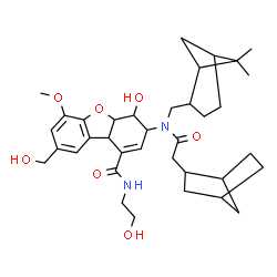 ChemSpider 2D Image | 3-{(Bicyclo[2.2.1]hept-2-ylacetyl)[(6,6-dimethylbicyclo[3.1.1]hept-2-yl)methyl]amino}-4-hydroxy-N-(2-hydroxyethyl)-8-(hydroxymethyl)-6-methoxy-3,4,4a,9b-tetrahydrodibenzo[b,d]furan-1-carboxamide | C36H50N2O7