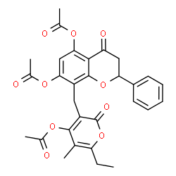 ChemSpider 2D Image | 8-[(4-Acetoxy-6-ethyl-5-methyl-2-oxo-2H-pyran-3-yl)methyl]-4-oxo-2-phenyl-3,4-dihydro-2H-chromene-5,7-diyl diacetate | C30H28O10