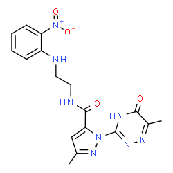 ChemSpider 2D Image | 3-Methyl-1-(6-methyl-5-oxo-2,5-dihydro-1,2,4-triazin-3-yl)-N-{2-[(2-nitrophenyl)amino]ethyl}-1H-pyrazole-5-carboxamide | C17H18N8O4