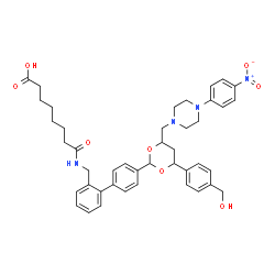 ChemSpider 2D Image | 8-({[4'-(4-[4-(Hydroxymethyl)phenyl]-6-{[4-(4-nitrophenyl)-1-piperazinyl]methyl}-1,3-dioxan-2-yl)-2-biphenylyl]methyl}amino)-8-oxooctanoic acid | C43H50N4O8