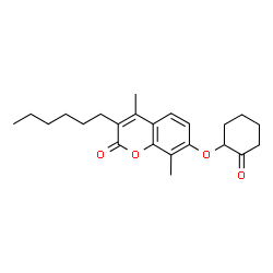 ChemSpider 2D Image | 3-Hexyl-4,8-dimethyl-7-[(2-oxocyclohexyl)oxy]-2H-chromen-2-one | C23H30O4