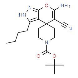 ChemSpider 2D Image | 2-Methyl-2-propanyl 6'-amino-3'-butyl-5'-cyano-1H,2'H-spiro[piperidine-4,4'-pyrano[2,3-c]pyrazole]-1-carboxylate | C20H29N5O3