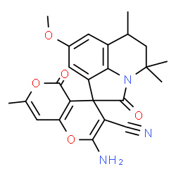 ChemSpider 2D Image | 2-Amino-8'-methoxy-4',4',6',7-tetramethyl-2',5-dioxo-5',6'-dihydro-4'H,5H-spiro[pyrano[4,3-b]pyran-4,1'-pyrrolo[3,2,1-ij]quinoline]-3-carbonitrile | C24H23N3O5