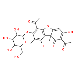 ChemSpider 2D Image | 4,8-Diacetyl-1,7-dihydroxy-2,9a-dimethyl-9-oxo-9,9a-dihydrodibenzo[b,d]furan-3-yl hexopyranoside | C24H26O12