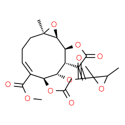 ChemSpider 2D Image | Methyl (1aR,4E,6S,7S,7aR,10aS,10bS)-6-acetoxy-7-{[(2,3-dimethyl-2-oxiranyl)carbonyl]oxy}-1a-methyl-8-methylene-9-oxo-1a,2,3,6,7,7a,8,9,10a,10b-decahydrooxireno[9,10]cyclodeca[1,2-b]furan-5-carboxylate | C23H28O10