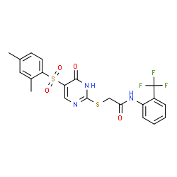 ChemSpider 2D Image | 2-({5-[(2,4-Dimethylphenyl)sulfonyl]-4-oxo-1,4-dihydro-2-pyrimidinyl}sulfanyl)-N-[2-(trifluoromethyl)phenyl]acetamide | C21H18F3N3O4S2