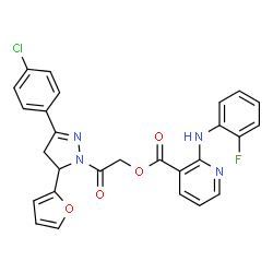 ChemSpider 2D Image | 2-[3-(4-Chlorophenyl)-5-(2-furyl)-4,5-dihydro-1H-pyrazol-1-yl]-2-oxoethyl 2-[(2-fluorophenyl)amino]nicotinate | C27H20ClFN4O4