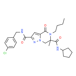 ChemSpider 2D Image | 5-Butyl-N~2~-(4-chlorobenzyl)-N~6~-cyclopentyl-6-methyl-4-oxo-4,5,6,7-tetrahydropyrazolo[1,5-a]pyrazine-2,6-dicarboxamide | C25H32ClN5O3