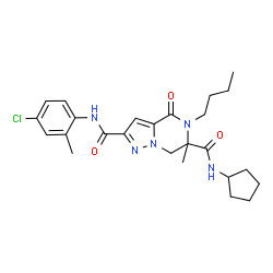 ChemSpider 2D Image | 5-Butyl-N~2~-(4-chloro-2-methylphenyl)-N~6~-cyclopentyl-6-methyl-4-oxo-4,5,6,7-tetrahydropyrazolo[1,5-a]pyrazine-2,6-dicarboxamide | C25H32ClN5O3