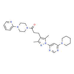 ChemSpider 2D Image | 3-{3,5-Dimethyl-1-[6-(1-piperidinyl)-4-pyrimidinyl]-1H-pyrazol-4-yl}-1-[4-(2-pyridinyl)-1-piperazinyl]-1-propanone | C26H34N8O