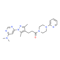 ChemSpider 2D Image | 3-{1-[6-(Dimethylamino)-4-pyrimidinyl]-3,5-dimethyl-1H-pyrazol-4-yl}-1-[4-(2-pyridinyl)-1-piperazinyl]-1-propanone | C23H30N8O