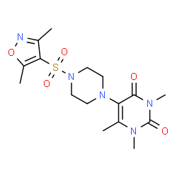 ChemSpider 2D Image | 5-{4-[(3,5-Dimethyl-1,2-oxazol-4-yl)sulfonyl]-1-piperazinyl}-1,3,6-trimethyl-2,4(1H,3H)-pyrimidinedione | C16H23N5O5S