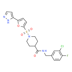 ChemSpider 2D Image | N-(3-Chloro-4-fluorobenzyl)-1-{[5-(1H-pyrazol-5-yl)-2-furyl]sulfonyl}-4-piperidinecarboxamide | C20H20ClFN4O4S