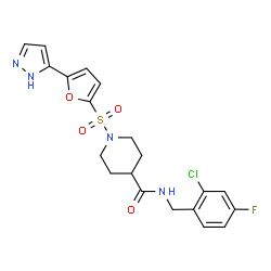 ChemSpider 2D Image | N-(2-Chloro-4-fluorobenzyl)-1-{[5-(1H-pyrazol-5-yl)-2-furyl]sulfonyl}-4-piperidinecarboxamide | C20H20ClFN4O4S