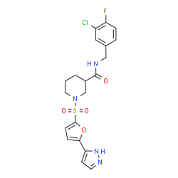 ChemSpider 2D Image | N-(3-Chloro-4-fluorobenzyl)-1-{[5-(1H-pyrazol-5-yl)-2-furyl]sulfonyl}-3-piperidinecarboxamide | C20H20ClFN4O4S