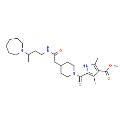 ChemSpider 2D Image | Methyl 5-{[4-(2-{[3-(1-azepanyl)butyl]amino}-2-oxoethyl)-1-piperidinyl]carbonyl}-2,4-dimethyl-1H-pyrrole-3-carboxylate | C26H42N4O4