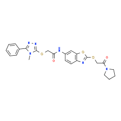 ChemSpider 2D Image | 2-[(4-Methyl-5-phenyl-4H-1,2,4-triazol-3-yl)sulfanyl]-N-(2-{[2-oxo-2-(1-pyrrolidinyl)ethyl]sulfanyl}-1,3-benzothiazol-6-yl)acetamide | C24H24N6O2S3
