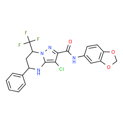 ChemSpider 2D Image | N-(1,3-Benzodioxol-5-yl)-3-chloro-5-phenyl-7-(trifluoromethyl)-4,5,6,7-tetrahydropyrazolo[1,5-a]pyrimidine-2-carboxamide | C21H16ClF3N4O3