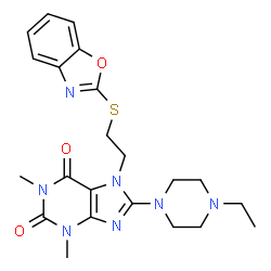 ChemSpider 2D Image | 7-[2-(1,3-Benzoxazol-2-ylsulfanyl)ethyl]-8-(4-ethyl-1-piperazinyl)-1,3-dimethyl-3,7-dihydro-1H-purine-2,6-dione | C22H27N7O3S