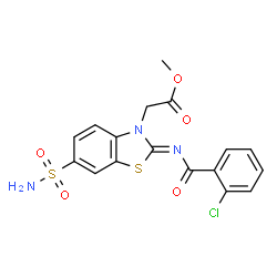 ChemSpider 2D Image | Methyl [(2Z)-2-[(2-chlorobenzoyl)imino]-6-sulfamoyl-1,3-benzothiazol-3(2H)-yl]acetate | C17H14ClN3O5S2