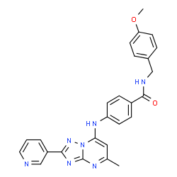 ChemSpider 2D Image | N-(4-Methoxybenzyl)-4-{[5-methyl-2-(3-pyridinyl)[1,2,4]triazolo[1,5-a]pyrimidin-7-yl]amino}benzamide | C26H23N7O2
