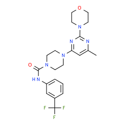 ChemSpider 2D Image | 4-[6-Methyl-2-(4-morpholinyl)-4-pyrimidinyl]-N-[3-(trifluoromethyl)phenyl]-1-piperazinecarboxamide | C21H25F3N6O2