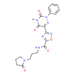ChemSpider 2D Image | 3-(4-Methyl-3,5-dioxo-2-phenyl-2,3,4,5-tetrahydro-1,2,4-triazin-6-yl)-N-[3-(2-oxo-1-pyrrolidinyl)propyl]-1,2,4-oxadiazole-5-carboxamide | C20H21N7O5