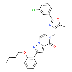 ChemSpider 2D Image | 2-(2-Butoxyphenyl)-5-{[2-(3-chlorophenyl)-5-methyl-1,3-oxazol-4-yl]methyl}pyrazolo[1,5-a]pyrazin-4(5H)-one | C27H25ClN4O3