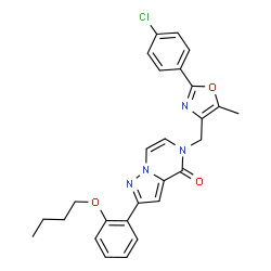 ChemSpider 2D Image | 2-(2-Butoxyphenyl)-5-{[2-(4-chlorophenyl)-5-methyl-1,3-oxazol-4-yl]methyl}pyrazolo[1,5-a]pyrazin-4(5H)-one | C27H25ClN4O3