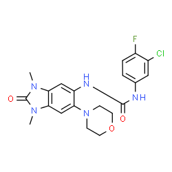 ChemSpider 2D Image | 1-(3-Chloro-4-fluorophenyl)-3-[1,3-dimethyl-6-(4-morpholinyl)-2-oxo-2,3-dihydro-1H-benzimidazol-5-yl]urea | C20H21ClFN5O3