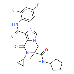 ChemSpider 2D Image | N~1~-(2-Chloro-4-fluorophenyl)-N~6~-cyclopentyl-7-cyclopropyl-6-methyl-8-oxo-5,6,7,8-tetrahydroimidazo[1,5-a]pyrazine-1,6-dicarboxamide | C23H25ClFN5O3