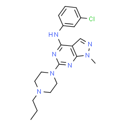ChemSpider 2D Image | N-(3-Chlorophenyl)-1-methyl-6-(4-propyl-1-piperazinyl)-1H-pyrazolo[3,4-d]pyrimidin-4-amine | C19H24ClN7