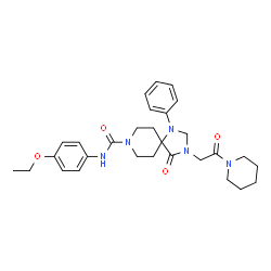 ChemSpider 2D Image | N-(4-Ethoxyphenyl)-4-oxo-3-[2-oxo-2-(1-piperidinyl)ethyl]-1-phenyl-1,3,8-triazaspiro[4.5]decane-8-carboxamide | C29H37N5O4