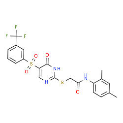 ChemSpider 2D Image | N-(2,4-Dimethylphenyl)-2-[(4-oxo-5-{[3-(trifluoromethyl)phenyl]sulfonyl}-1,4-dihydro-2-pyrimidinyl)sulfanyl]acetamide | C21H18F3N3O4S2