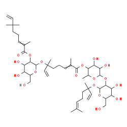 ChemSpider 2D Image | 3,7-Dimethyl-1,6-octadien-3-yl 2-O-[6-deoxy-4-O-(2,6-dimethyl-6-{[2-O-(2,6,6-trimethyl-2,7-octadienoyl)hexopyranosyl]oxy}-2,7-octadienoyl)hexopyranosyl]hexopyranoside | C49H78O18