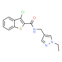 ChemSpider 2D Image | 3-Chloro-N-[(1-ethyl-1H-pyrazol-4-yl)methyl]-1-benzothiophene-2-carboxamide | C15H14ClN3OS