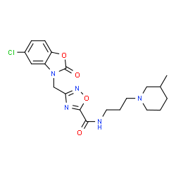 ChemSpider 2D Image | 3-[(5-Chloro-2-oxo-1,3-benzoxazol-3(2H)-yl)methyl]-N-[3-(3-methyl-1-piperidinyl)propyl]-1,2,4-oxadiazole-5-carboxamide | C20H24ClN5O4