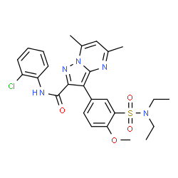 ChemSpider 2D Image | N-(2-Chlorophenyl)-3-[3-(diethylsulfamoyl)-4-methoxyphenyl]-5,7-dimethylpyrazolo[1,5-a]pyrimidine-2-carboxamide | C26H28ClN5O4S