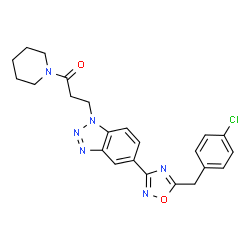 ChemSpider 2D Image | 3-{5-[5-(4-Chlorobenzyl)-1,2,4-oxadiazol-3-yl]-1H-benzotriazol-1-yl}-1-(1-piperidinyl)-1-propanone | C23H23ClN6O2