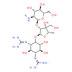 ChemSpider 2D Image | 2,2'-[(1R,2R,3S,5R,6S)-4-({5-Deoxy-2-O-[2-deoxy-2-(methylamino)-alpha-L-glucopyranosyl]-3-C-(hydroxymethyl)-alpha-L-lyxofuranosyl}oxy)-2,5,6-trihydroxy-1,3-cyclohexanediyl]diguanidine | C21H41N7O12
