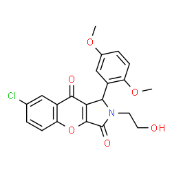 ChemSpider 2D Image | 7-Chloro-1-(2,5-dimethoxyphenyl)-2-(2-hydroxyethyl)-1,2-dihydrochromeno[2,3-c]pyrrole-3,9-dione | C21H18ClNO6