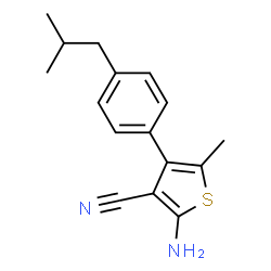 ChemSpider 2D Image | 2-Amino-4-(4-isobutylphenyl)-5-methyl-3-thiophenecarbonitrile | C16H18N2S