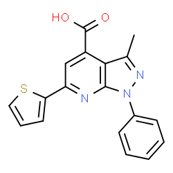 ChemSpider 2D Image | 3-Methyl-1-phenyl-6-(2-thienyl)-1H-pyrazolo[3,4-b]pyridine-4-carboxylic acid | C18H13N3O2S