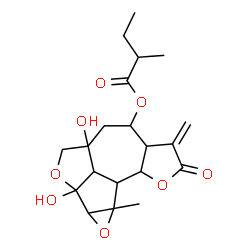 ChemSpider 2D Image | 1b,3a-Dihydroxy-8c-methyl-6-methylene-7-oxododecahydro-1aH-furo[2',3':4,5]oxireno[2,3]azuleno[1,8-bc]furan-5-yl 2-methylbutanoate | C20H26O8