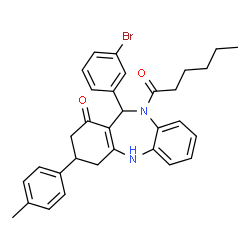 ChemSpider 2D Image | 11-(3-Bromophenyl)-10-hexanoyl-3-(4-methylphenyl)-2,3,4,5,10,11-hexahydro-1H-dibenzo[b,e][1,4]diazepin-1-one | C32H33BrN2O2